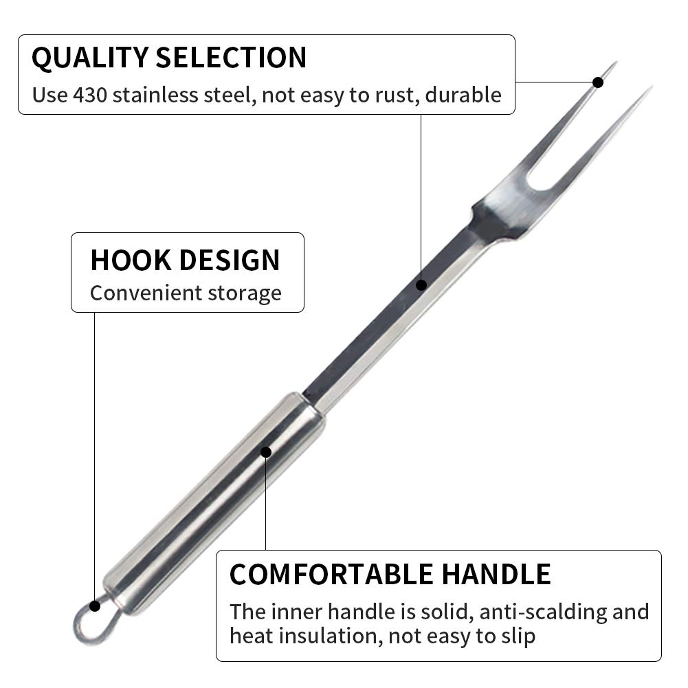 Forchetta per barbecue in acciaio inox con manico ovale forchetta per barbecue con manico lungo e anello appeso per posate può essere lavata in lavastoviglie