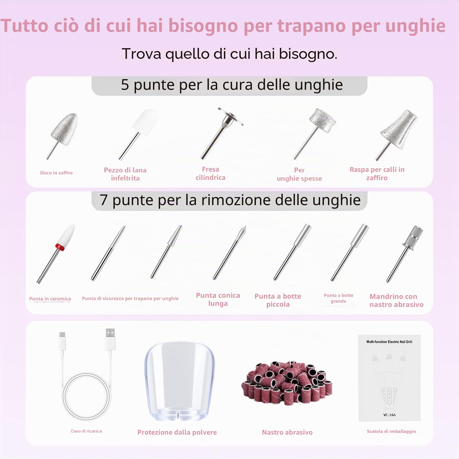 Fresa per unghie Professionale 45000 giri/min, Set manicure, pedicure, batteria senza fili, lima elettrica per unghie con 12 accessori per la cura delle unghie, cura dei piedi, elettrico a 6 velocità