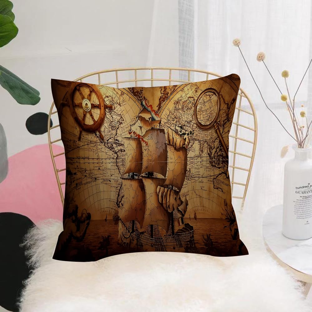 HYOSXW Cushion Cover,Throw Pillow Case Home Decorative for Living Room Bedroom Sofa Chair 16X16 Inch,Ocean sailing, a weathered map with sailing boat, compass rose and magnifying g,Pillowcase 40X40cm