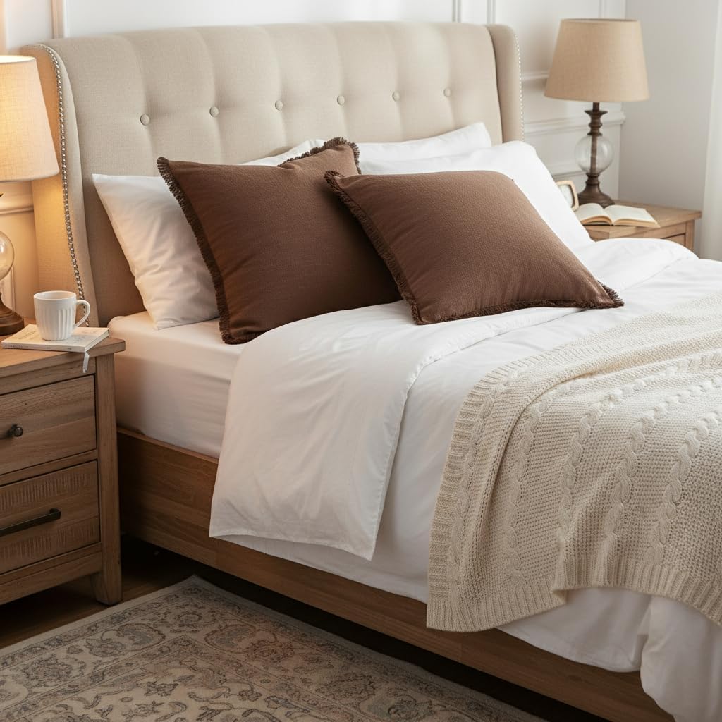 Sunday Praise Set of 2 Linen Fringe Decorative Pillow Covers 20x20 Inch Farmhouse Accent Boho Throw Pillow Cases with Tassels Cozy Soft Square Cushion Covers for Couch Sofa Bed Home Decor,Cocoa Brown