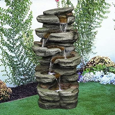 Naturefalls 30.7inches Outdoor Water Fountain - 6-Tiers Rock Waterfall Fountain with Led Lights for Home Garden Decor