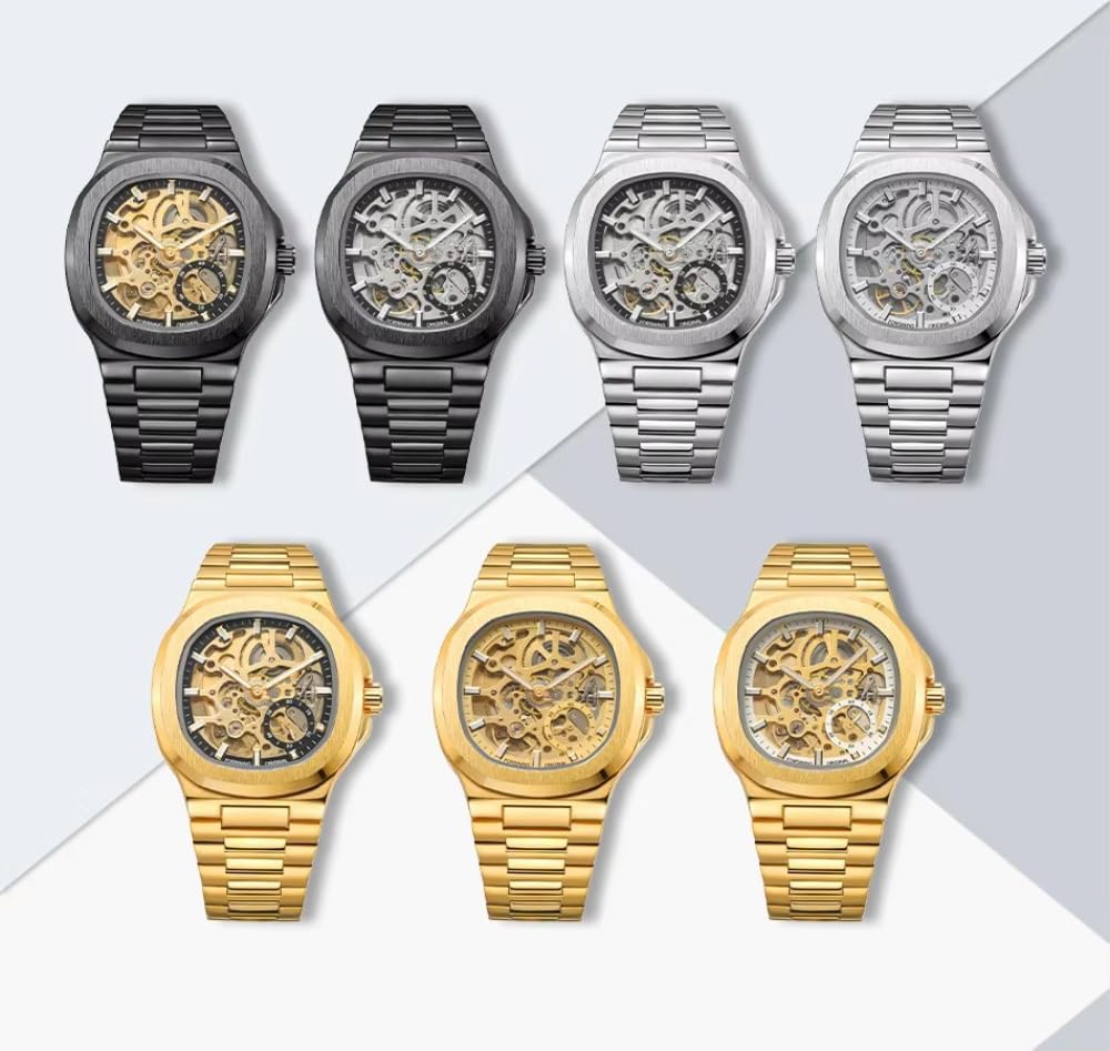 Quadratische, runde Form, ausgehöhltes Skelett, automatische mechanische Herrenuhr, Edelstahl, wasserdicht, leuchtend, luxuriös, Business-Uhren