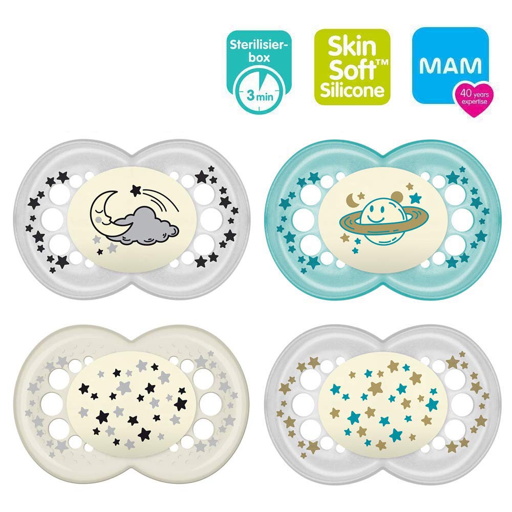 MAM Night Original SkinSoft Silicone Dummy 6-16 Set of 4 Includes 2 Sterilized Transport Boxes