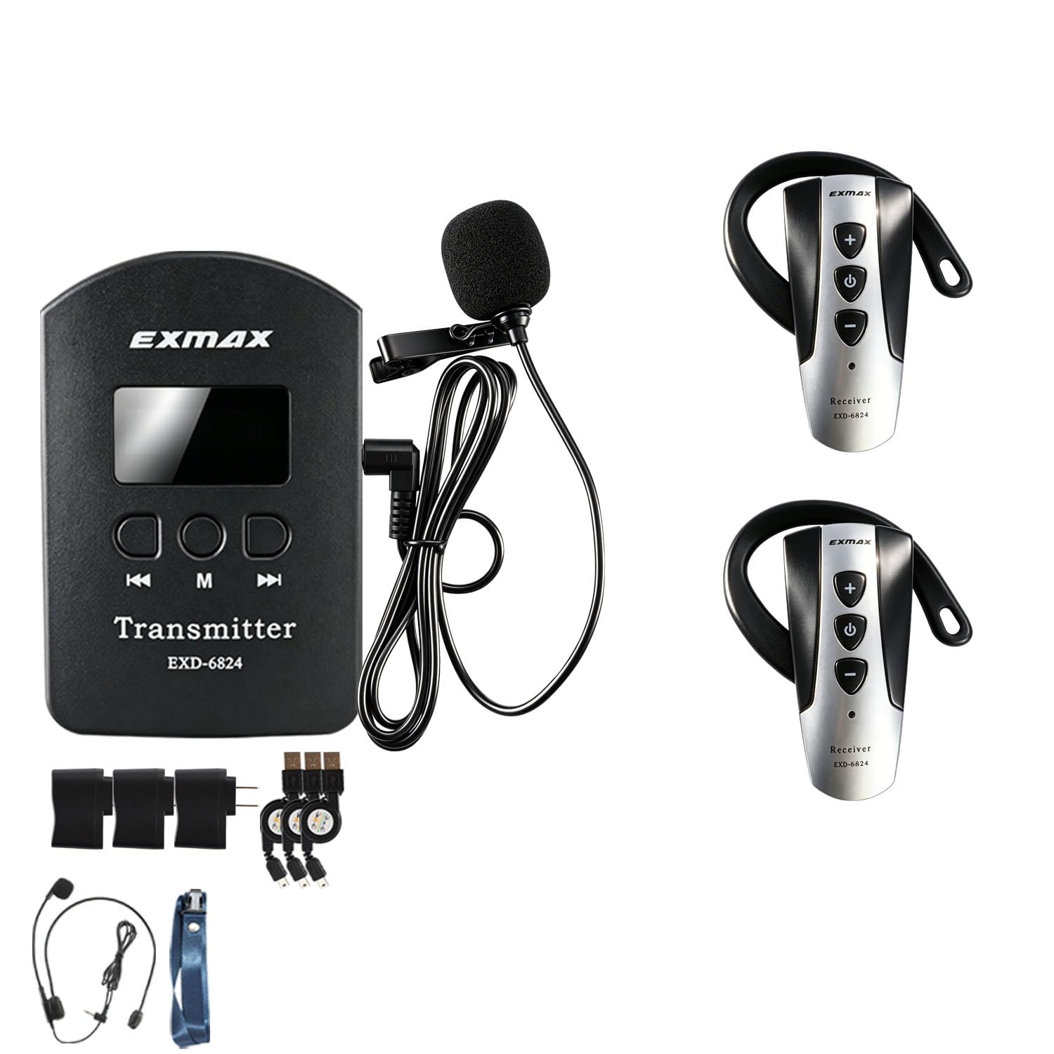 EXMAX EXD-6824 Wireless Audio Tour Guide System For Simultaneous Interpreting Equipment Translator Kit Church Translation Silent Training Meeting Exhibition Industrial Tour (1 Transmitter 2 Receivers)