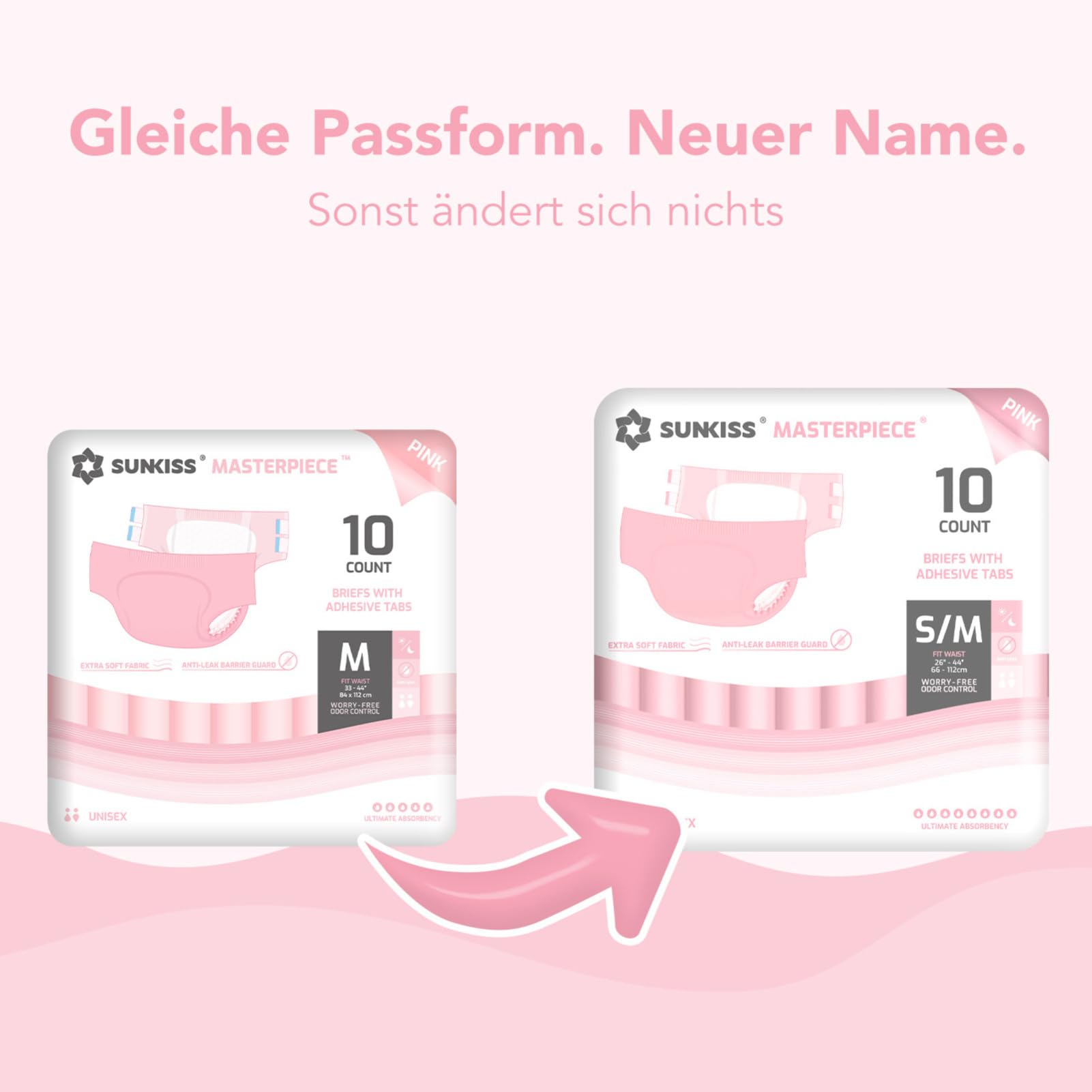SUNKISS Masterpiece Windeln für Erwachsene mit ultimativer Saugfähigkeit, Einweg Inkontinenz Slips für Männer und Frauen, mit Tabs, Auslaufschutz bei Blasenschwäche, Rosa, Größe S/M, 10 Stück