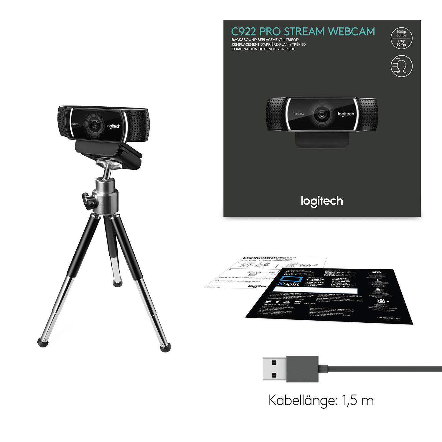 Logitech C922 PRO Webcam mit Stativ, Full-HD 1080p, 78° Sichtfeld, Autofokus, Belichtungskorrektur, H.264-Kompression, USB-Anschluss, Für Streaming via OBS, Xsplit, etc. - Schwarz