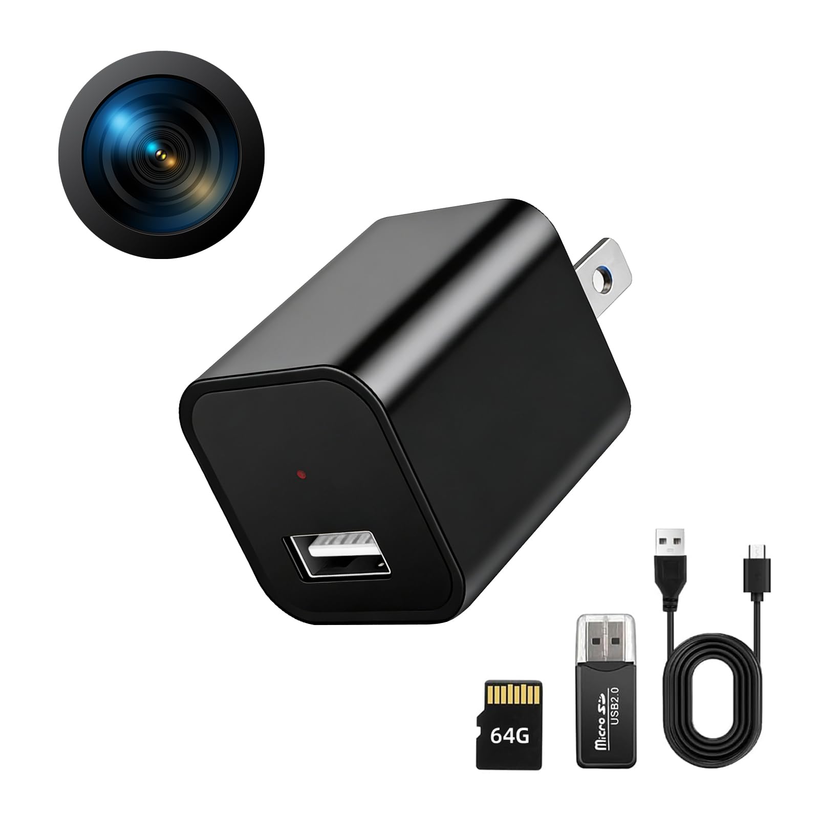 1080P HD Charger Camera with Motion Detection 106 Wide Angle No WiFi Monthly Fee 64GB Mini Hidden Camera