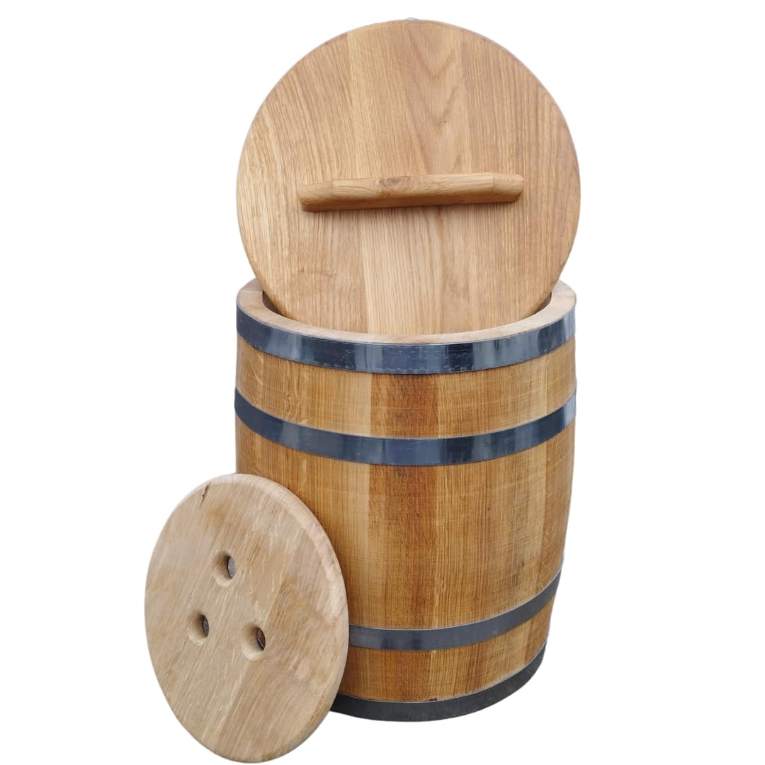 Sauerkrautfass 10L aus Eichenholz – Handgemachtes Gärfass mit Deckel & Gewicht – Holzfass zum Einlegen von Gemüse, Kimchi, Gurken – Naturbelassenes Fermentationsfass