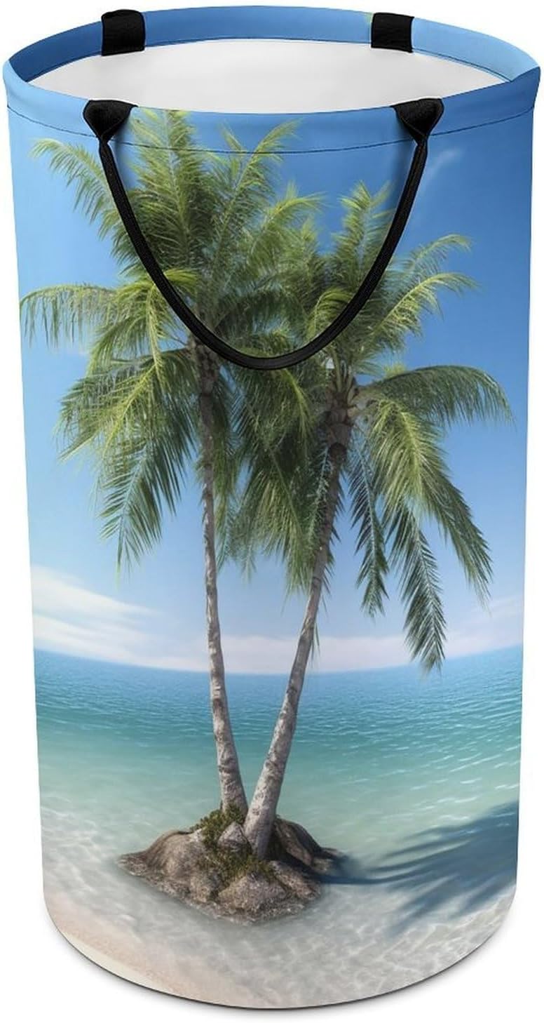 Sea Palm Trees Laundry Basket Freestanding Laundry Hamper with Handles Waterproof Dirty Clothes Hamper Collapsible Washing Bin Aesthetic Clothes Basket for Bathroom Bedroom Dorm