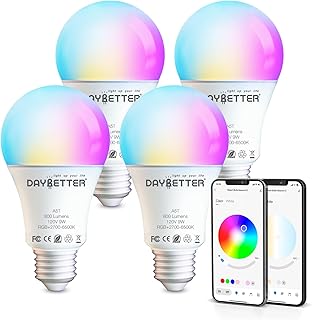 DAYBETTER Smart Light Bulbs, Bluetooth Light Bulbs with App Control, RGBCW LED Color Changing Bulbs, Dimmable Music Sync, A19 E26 9W 800LM, 2700K-6500K for Home Bedroom (4 Pack)