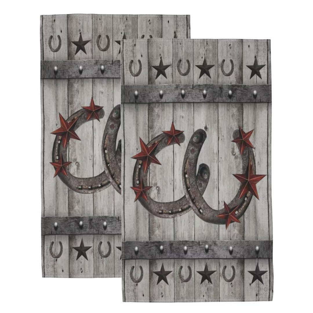 COVASA Texas Star Hand Towels for Bathroom Set of 2 Vintage Barn Door Soft Absorbent Kitchen Towels Rustic Rusty Horseshoe Wooden Farmhouse Western
