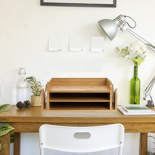 Miniatura 8 de ZOOFOX Bandeja de papel de 3 niveles, soporte para carpetas de cartas de madera con 3 bandejas y 2 secciones verticales, bonita bandeja de papel en