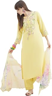 INDO ERA Women's Cotton Blend Floral Embroidered Straight Calf Length Kurta & Pant with Dupatta Set (IESTR11608) Price In India