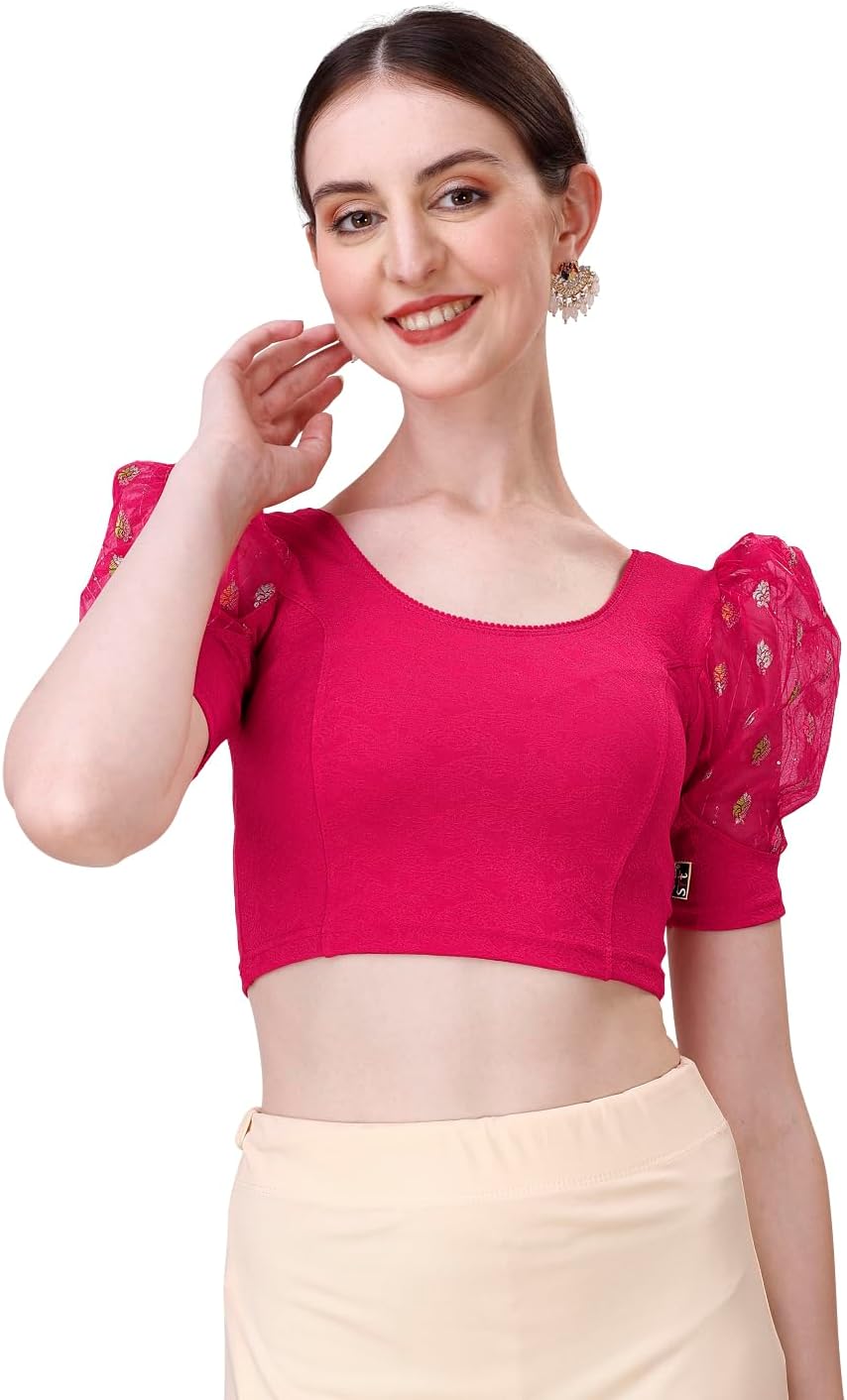 SftRound Neck Lycra Stretchable Puffed Elbow Sleeve Readymade Saree Blouse for Women Stylish (Amy