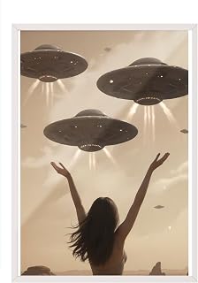 Zestia Beyaz Çerçeveli Tablo, Çölün Sessiz Tanığı – Retro Kadın ve UFO Karşılaşması Poster No: 107487 15 x 21