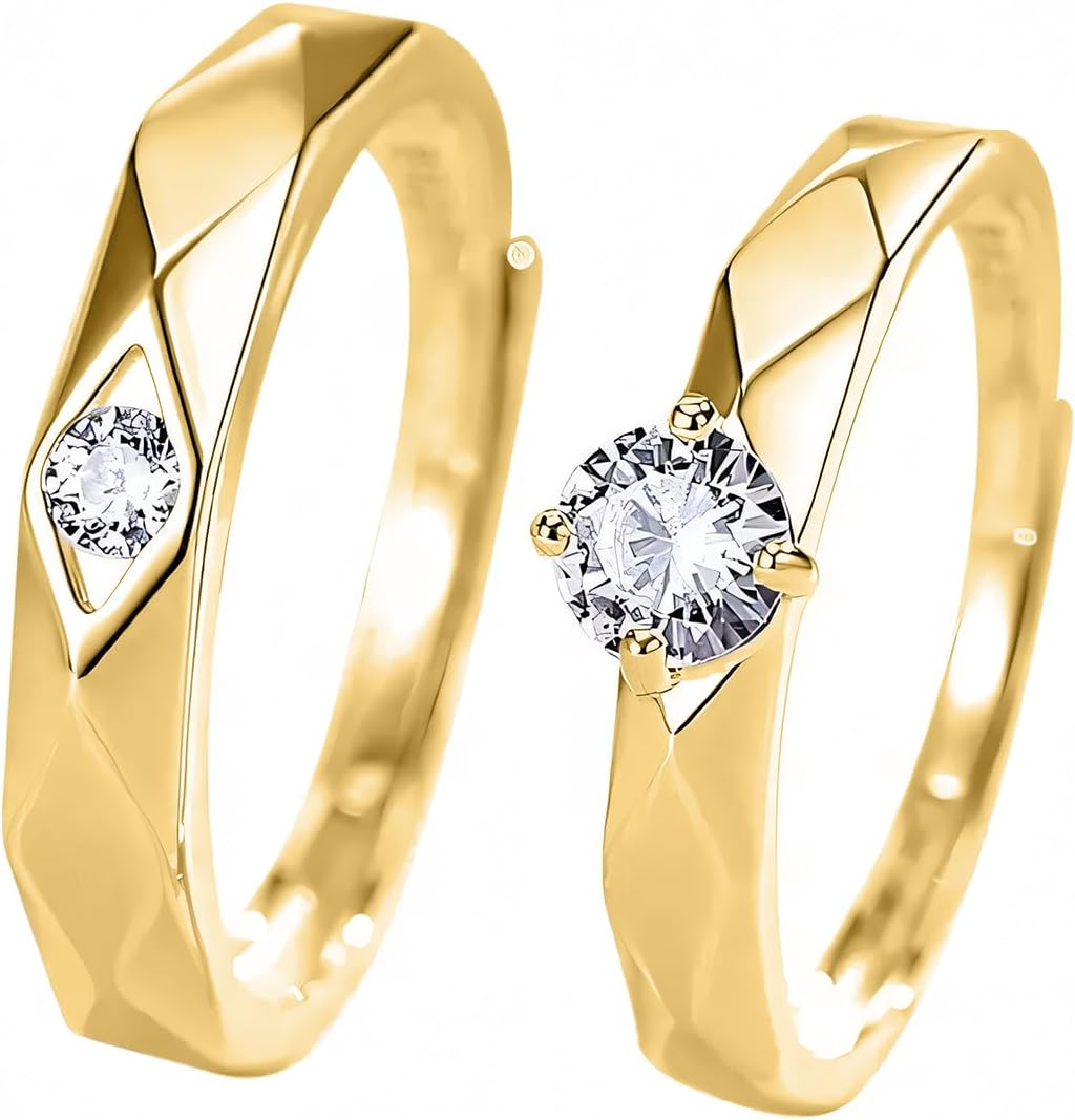 WSX 14k Gold Matching Couple Single Stone Rings for Him and Her Set, Matching Mosanite Rings for Couples Promise Rings, Set Adjustable Couple Rings Statement Rings Valentines Day Gifts for BF and GF