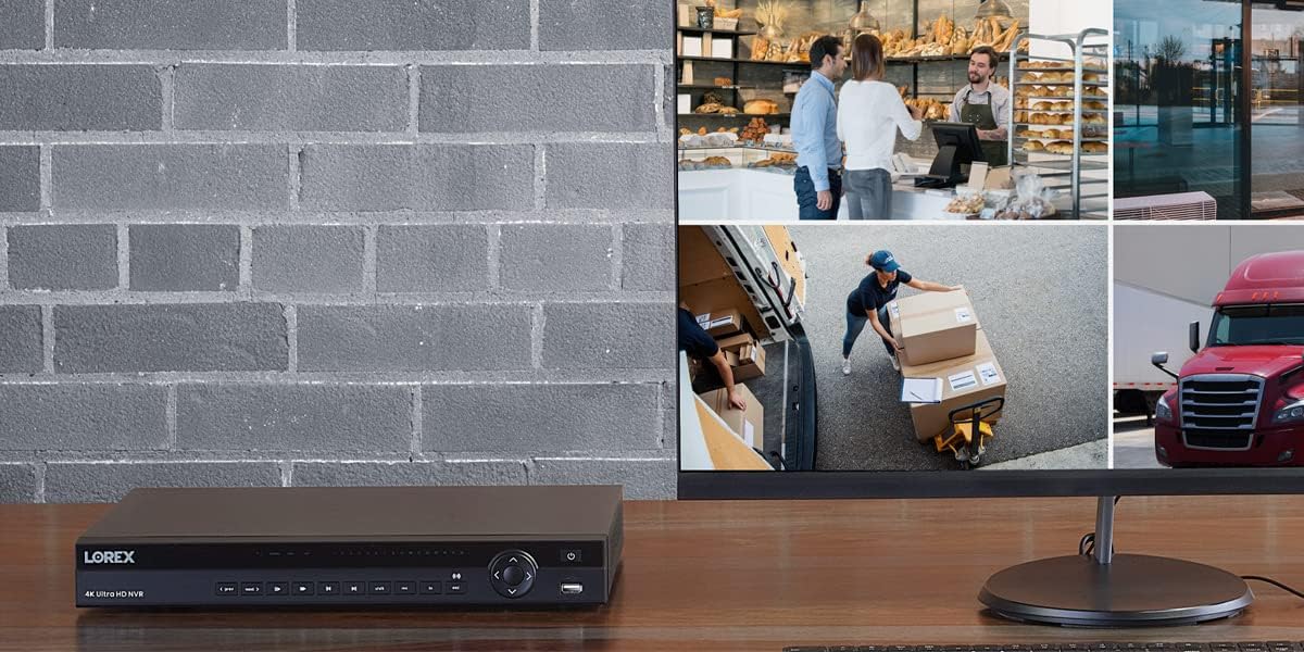 Lorex NVR tilsluttet en skærm, der viser flere kamerafeeds