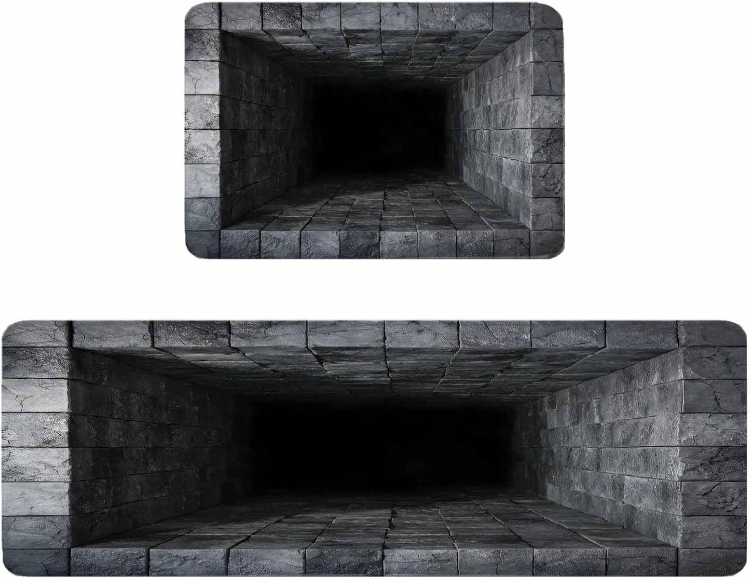 Optical Illusion Kitchen Rugs and Mats Set of 2, Non-Slip Kitchen Sink Mat, Abstract 3D Black Grey Looks Like Holes Washable Doormat Bathroom Rugs Runner for Bedroom 19.7"x31.5"+19.7"x47.2"
