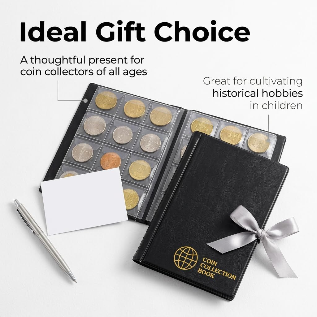 Coin Collection Album 120 Pockets 2 Euro Coin Storage Black 11.5 x 15.5 cm Grid 3 x 3 cm Coin Holder Numismatic Book for Collectors