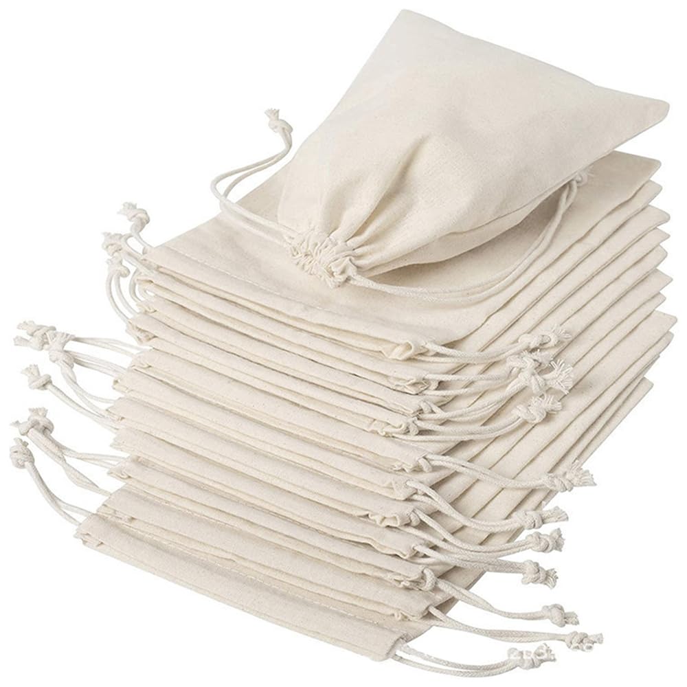 YARDHOBI 12Pcs Cotton Drawstring Bags, Reusable Muslin Bag, Natural Cotton Bags with Drawstring, Produce Bags, Bulk Gift Bag, Jewelry Pouch for Party Wedding Home Storage (6x8 Inch, Natural Color)