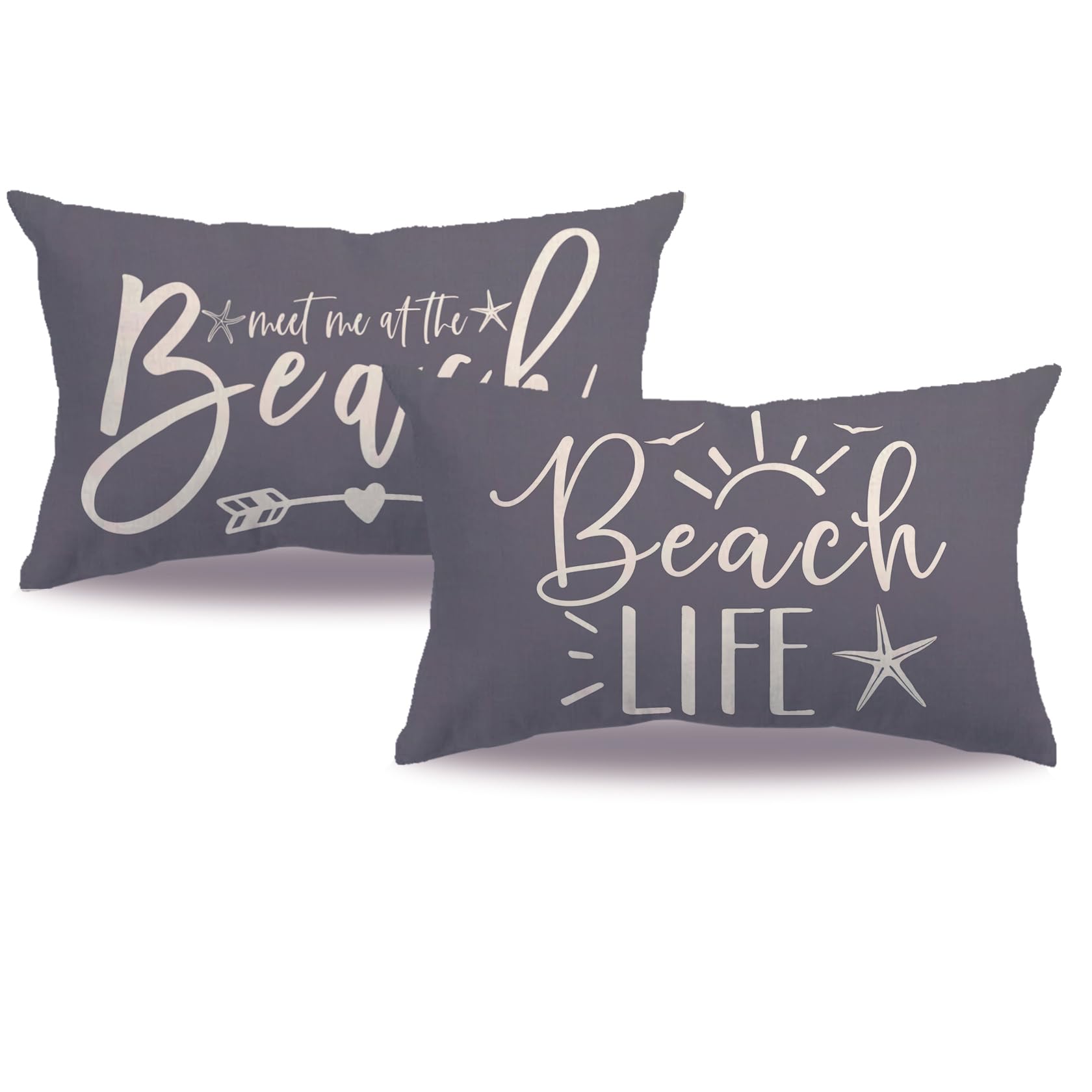 7COLORROOM 2Pack Beach Style Pillow Covers Double-Sided Printed Grey Beach Life Starfish Summer Decor Rectangular/Waist Cushion Cover Ocean Theme