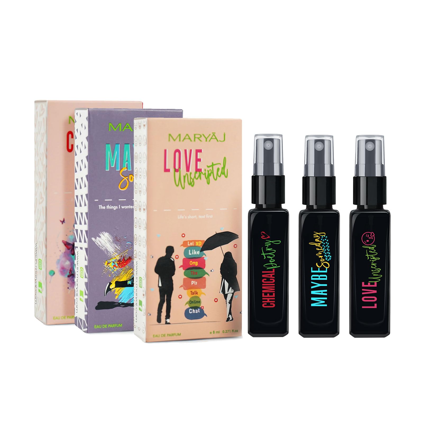 Maryaj Love Song EDP and Maybe Someday EDP and Love Unscripted EDP (Pack of 3, Each 8ML) Long Lasting Scent Spray Gift For Men and Women