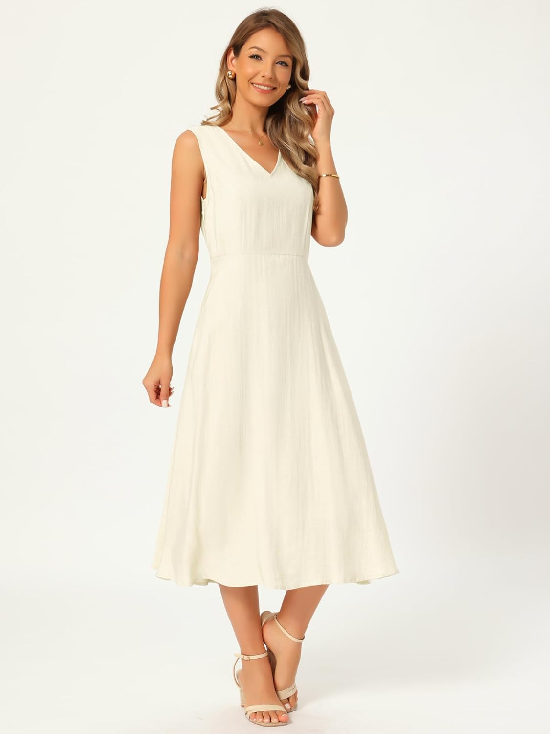 Seta T Women's Linen Casual Dress Summer Sleeveless V Neck Sundress Casual A-line Flowy Tank Midi Dresses with Pocket - Image 4