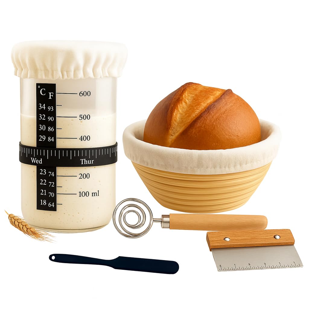 Sauerteig-Starter-Set, Starterglas-Set von Magla, Sauerteig-Brotmacher-Werkzeug-Set Gärkörbchen, Banneton mit Liner, Teigschaber und dänischem Schneebesen, Backzubehör, Küchenzubehör