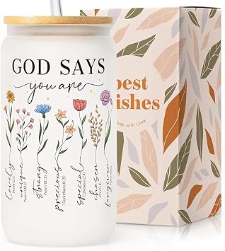 SteadStyl Christian Gifts for Women, Religious Faith Based Present for Sister, Mum, Friend - 16oz Frosted Glass Cup with Lids and Straw- Birthday, Christmas, Mothers Day, Easter Thanksgiving Gifts