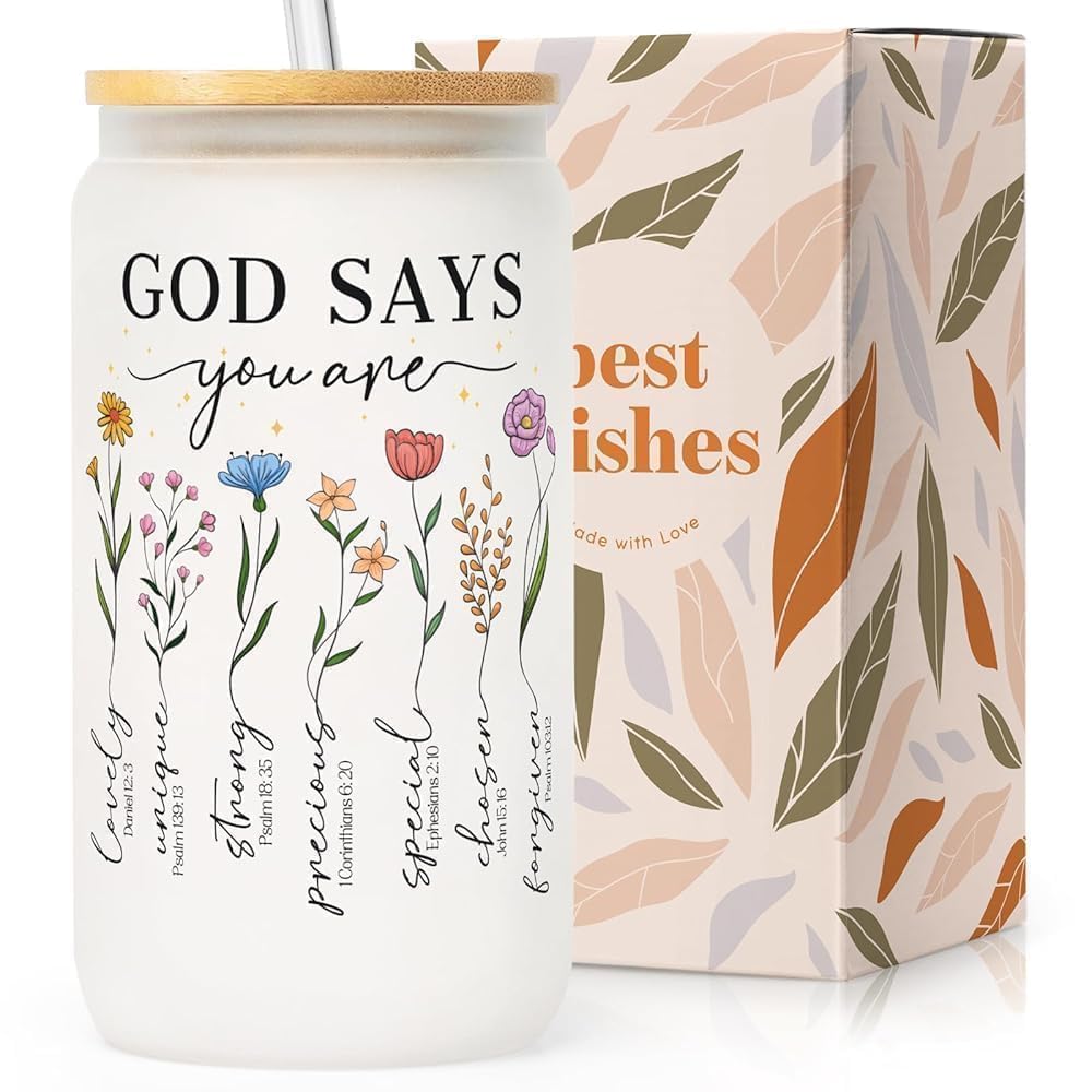 SteadStyl Christian Gifts for Women, Religious Faith Based Present for Sister, Mum, Friend - 16oz Frosted Glass Cup with Lids and Straw- Birthday, Christmas, Mothers Day, Easter Thanksgiving Gifts