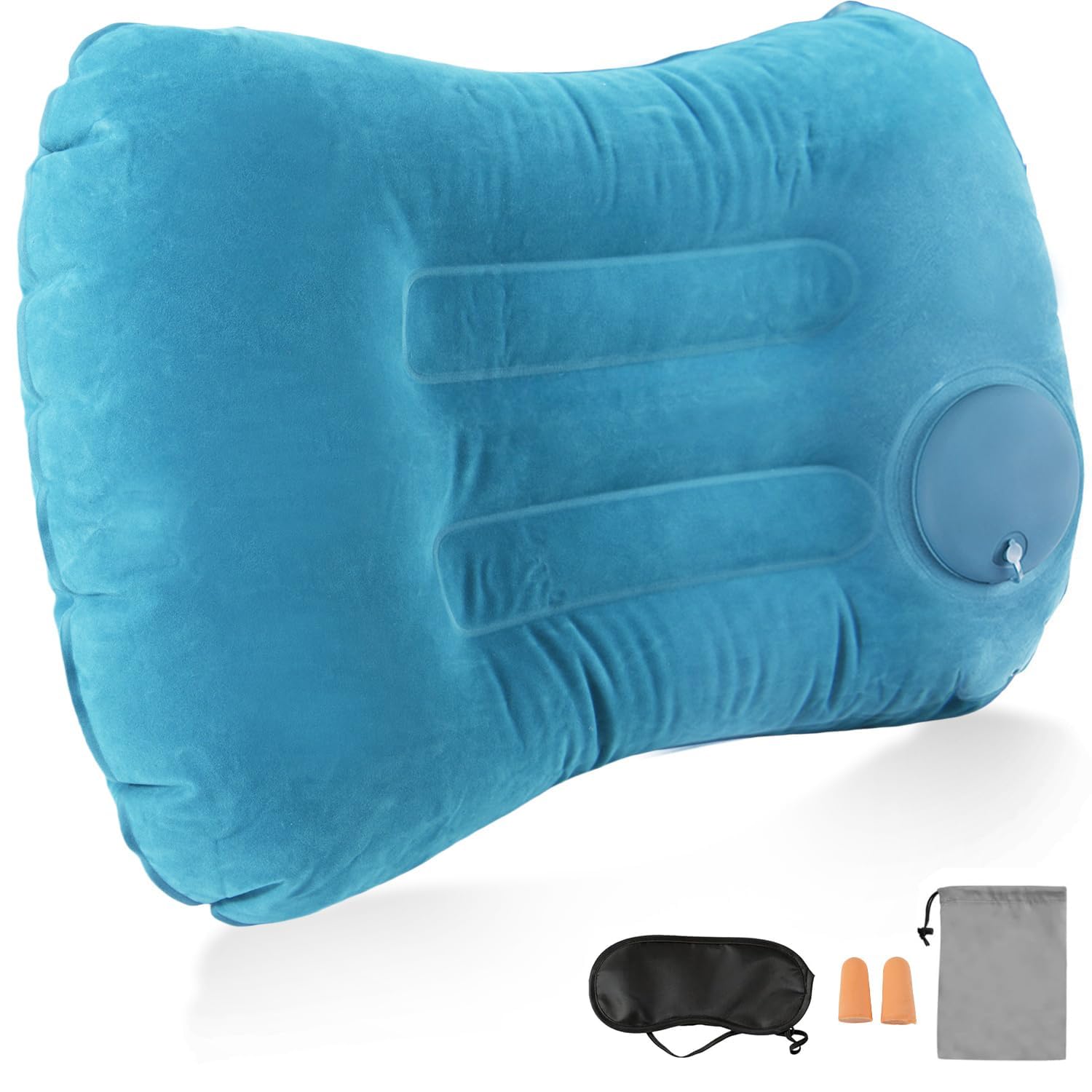 Cojín inflable de camping, almohada de viaje inflable para el cuello, almohada de playa ultraligera con bolsillos de almacenamiento, máscaras para dormir y tapones para los oídos, cojines inflables