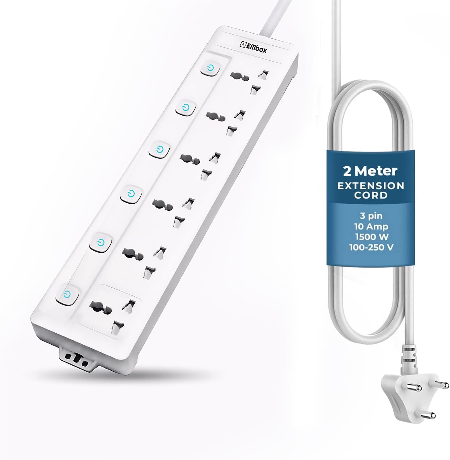 EMBOX Extension Board with Switches 2500W, 6 Universal Sockets, Individual Switch, Safety Shutter, 6 amp Spike Guard, LED Indicator, 2 Meter Extension Cord