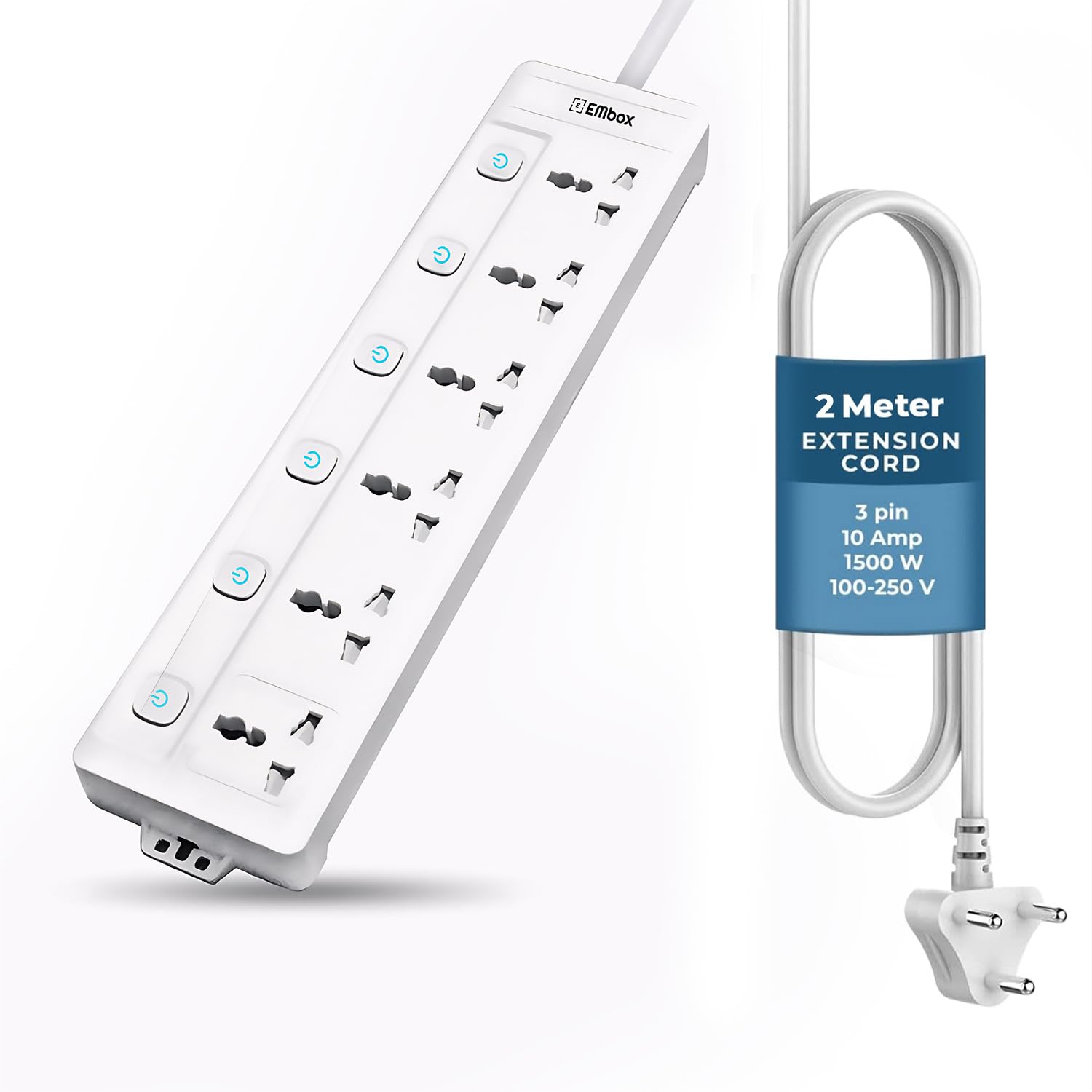 EMBOX Extension Board with Switches 1500 W, 6 Universal Sockets, Individual Switch, Safety Shutter, 6 amp Spike Guard, LED Indicator and Safety Shutter, 1.8 Meter Extension Cord