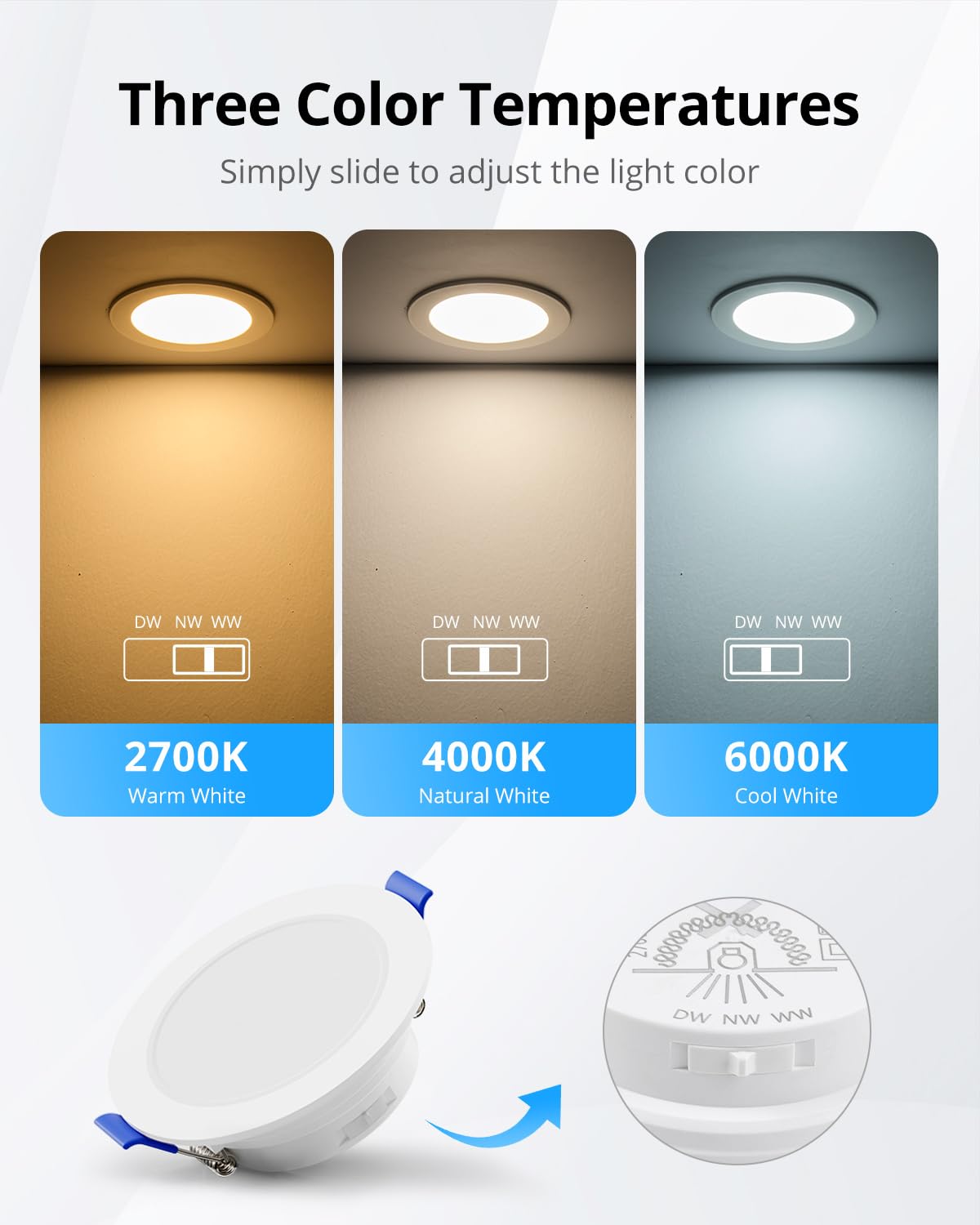 Gr4tec Reflektor LED do zabudowy, ściemnialny, 10 6 W, IP65, ciepła biel, 2700K, neutralna biel, 4000 K, zimna biel, 6000 K, 700 lm, bardzo płaskie reflektory sufitowe do salonu, kuchni, otwór Φ68-80