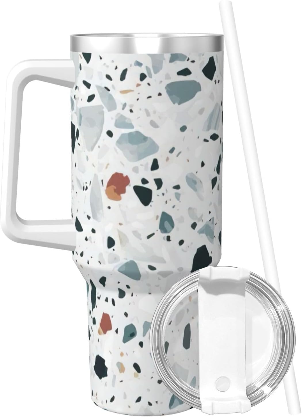 40 OZ Terrazzo Marble Pastel Print Ice Bully Cup with Handle Straw Lid Straw,Stainless Steel Tumbler Coffee Cup