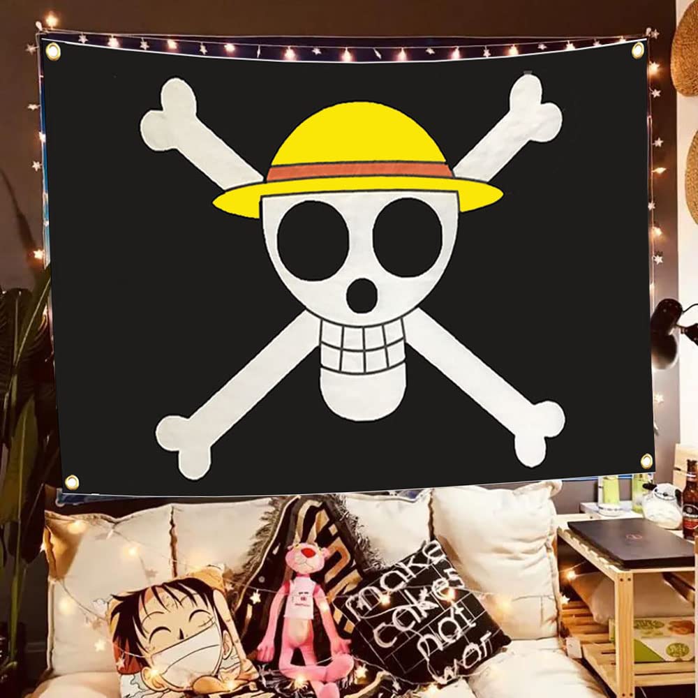 Luffy Anime Flag Straw Hat Crew Flag Banner,5x3ft Anime Pirate Banner,Cosplay Themed Luffy's Fans Home Decor(Luffy Skull Flag)