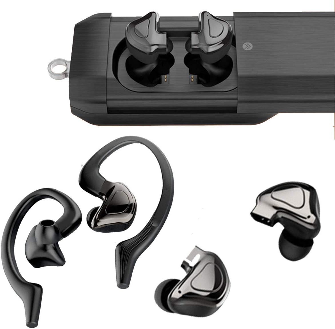 TWS Wireless Headphone with 2600mAh Charging Case - LarKoo Bluetooth Earbuds Auto Pairing Headset Cordless Dual Mic Earphones Detachable Ear Hooks Next/Prior Song for iOS&Android