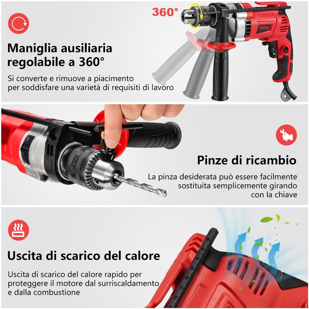TEENO Trapano a Percussione Elettrico Filo 910 W, Trapano Elettrico a Filo 0-3000RPM, Pulsante di Velocità Variabile, 37 Pezzi Cassetta Attrezzi Completa, Mandrino 13 mm, Mattoni, Legno, Acciaio