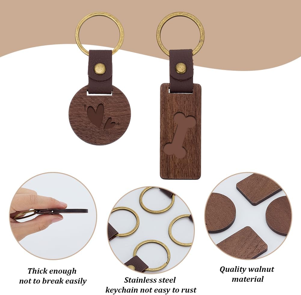 60 PCS Leather Wood Keychain Blanks Unfinished Wooden Keychains Rectangular and Round Shape Walnut Wood Keychains Blanks for Engraving DIY Crafts Personalized Gifts