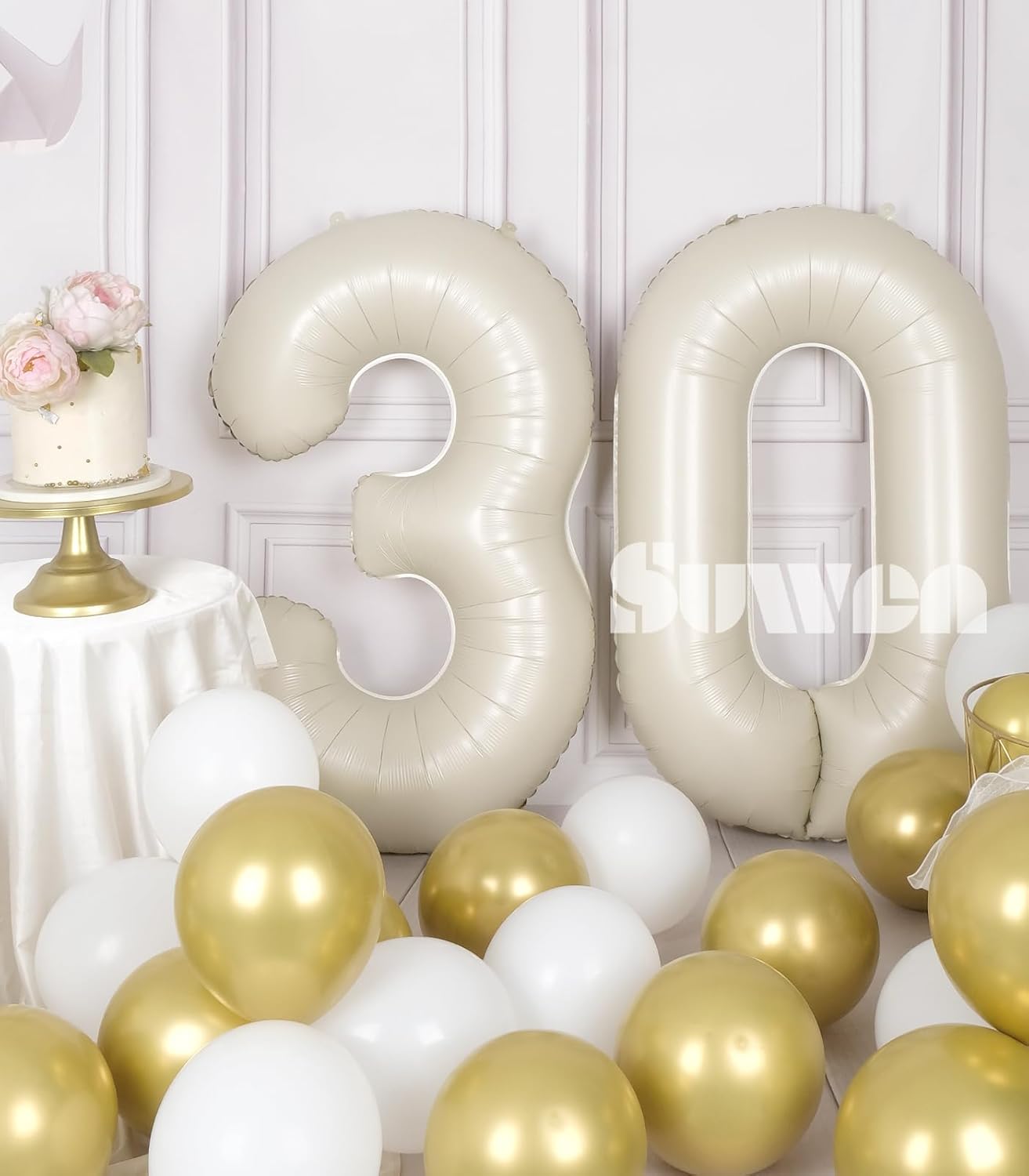 SUWEN 40 Inch Large Cream White 30 Balloon Numbers Big Foil Helium Number Balloons 0-9 Jumbo Happy 30th Mylar Birthday Party Decorations for Women or Men Anniversary Party Supplies Cream Number 30
