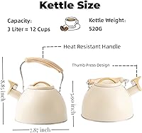 Vista 3 de Tetera silbante de 3.2 cuartos de galón para estufa, tetera con mango ergonómico de agarre fresco, tetera de acero inoxidable (crema)