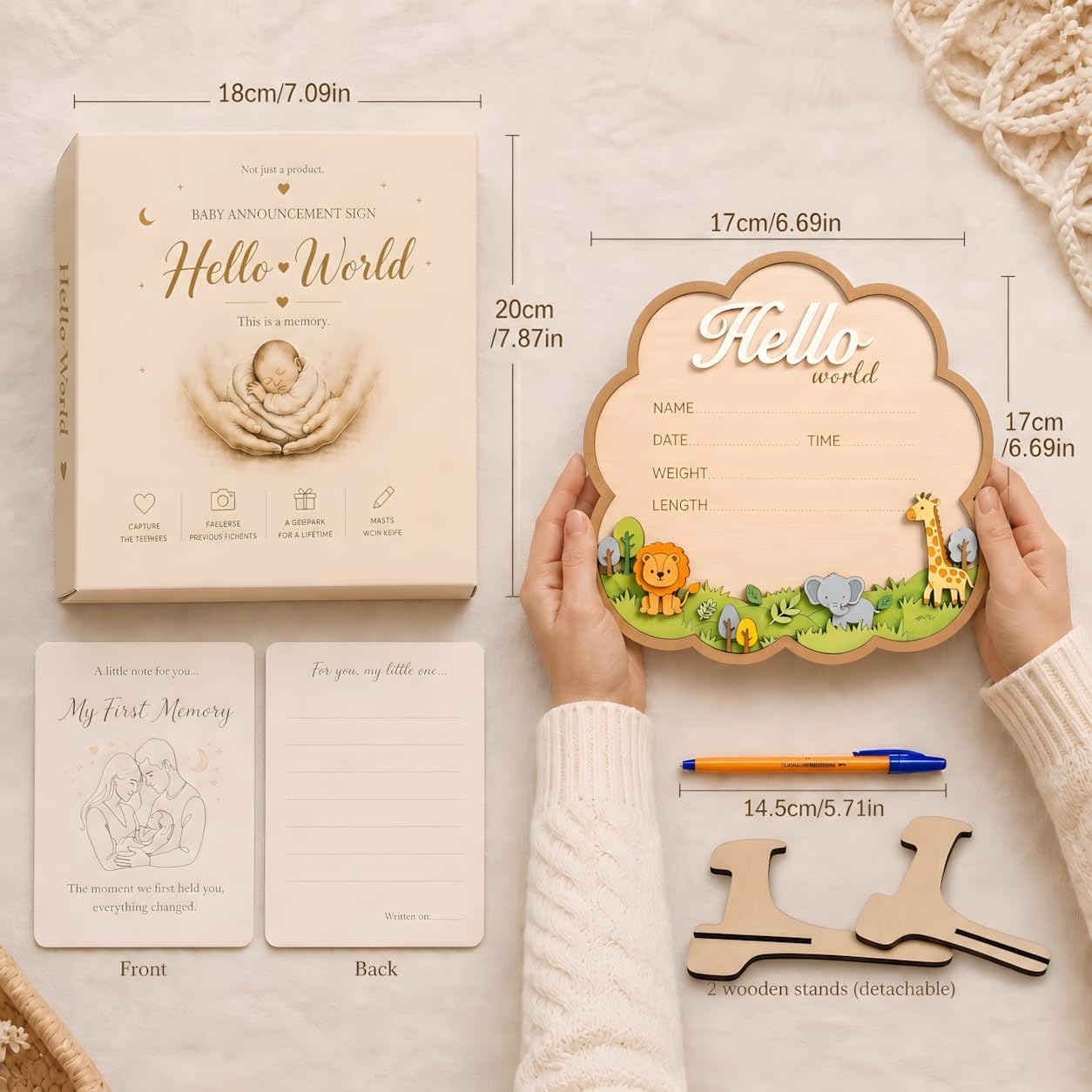 Hello World Newborn Sign – Elegant 3D Wooden Baby Announcement Sign with Whimsical Safari Animal Details for Nursery Styling & Baby Shower Memories, Hospital Bassinet Photos
