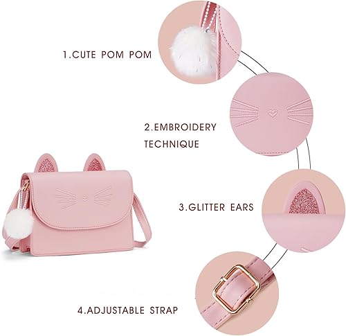 Miniatura 6 de cotmcor Bolso de gato para niñas, lindo bolso cruzado para niños y adolescentes, regalo de gato con pompón