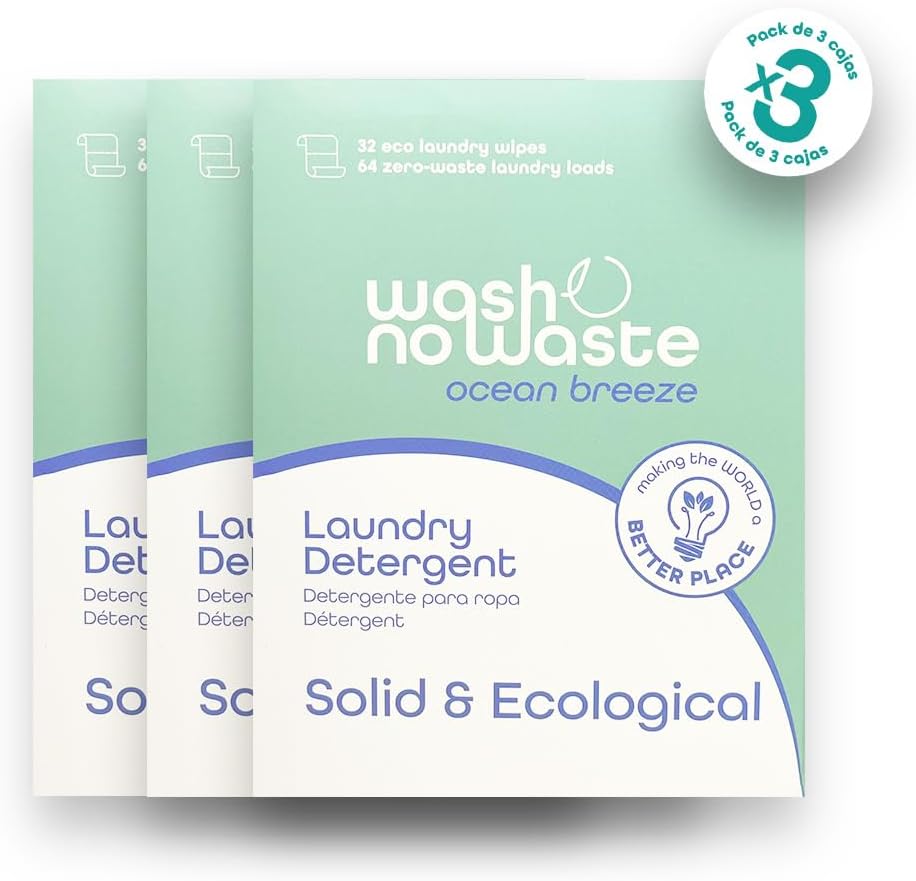 Wash No Waste - PACK 3. Laundry Detergent Strips (192 washes). Hypoallergenic and Biodegradable. Softening Effect. Powerful Cleaning. Vegan and Cruelty-Free. Plastic-Free. (Unscented)