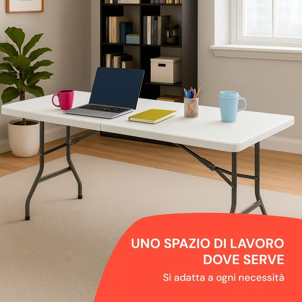 Tavolo Pieghevole Estensibile 180 cm – Bianco | Portata 120 kg | Maniglia Integrata | Chiusura Sicura con Blocco di Sicurezza
