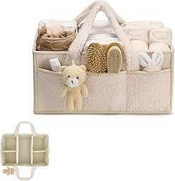 Sinlay Panier Rangement BéBé, sac a couches bebe, Portable Panier De Rangement Bebe, Compartiment Amovible, Parfait Pour Les Essentiels Du Nouveau-Né, Le Changement Des Couches (A)