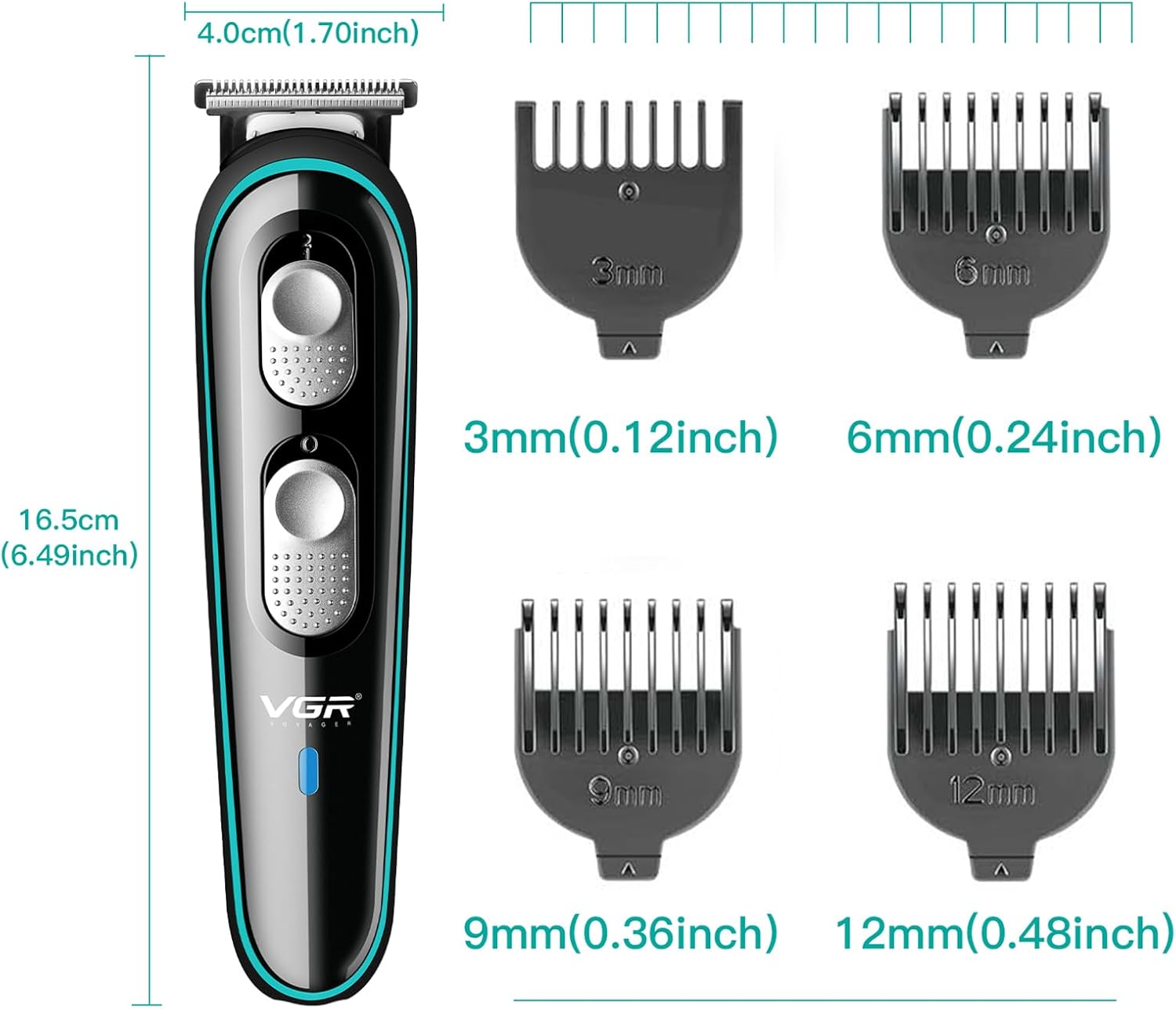 VGR 055 Hair Trimmer dimensions and guide comb sizes
