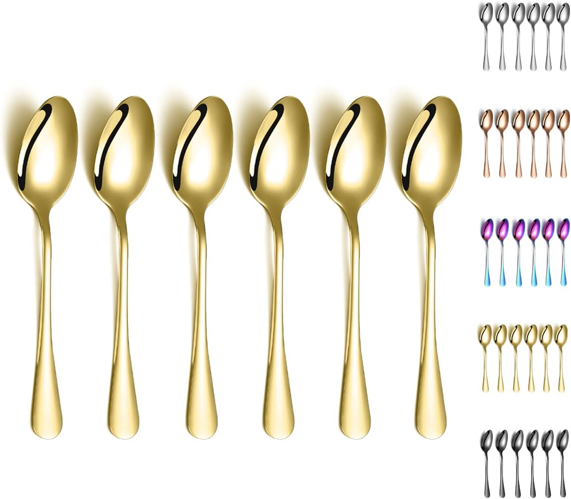 Gold Dinner Spoons, Kyraton 6 Pieces 7.5" Stainless Steel Table Spoon With Titanium Gold Plating, Gold Soup Spoons, Dessert Spoons Sliverware Dishwasher Safe Set of 6