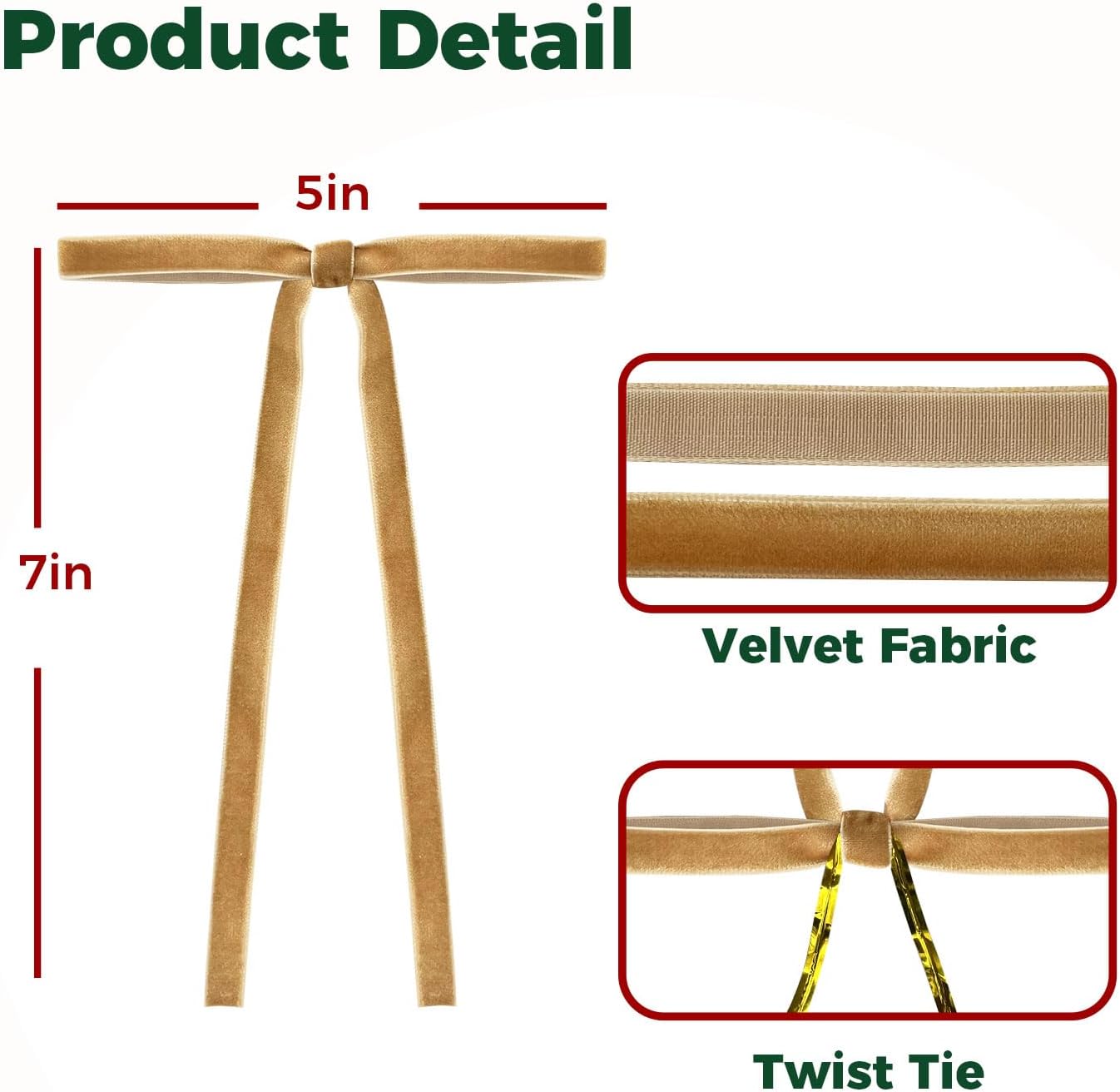 24-Pack 3/8'' Wide(5 * 7 inch) Khaki Velvet Christmas Ribbon and Bows Set for Tree Decor, Vintage Style Gift Wrapping, Wreath, Garland, Bow Tree Topper, Ornaments - Image 2