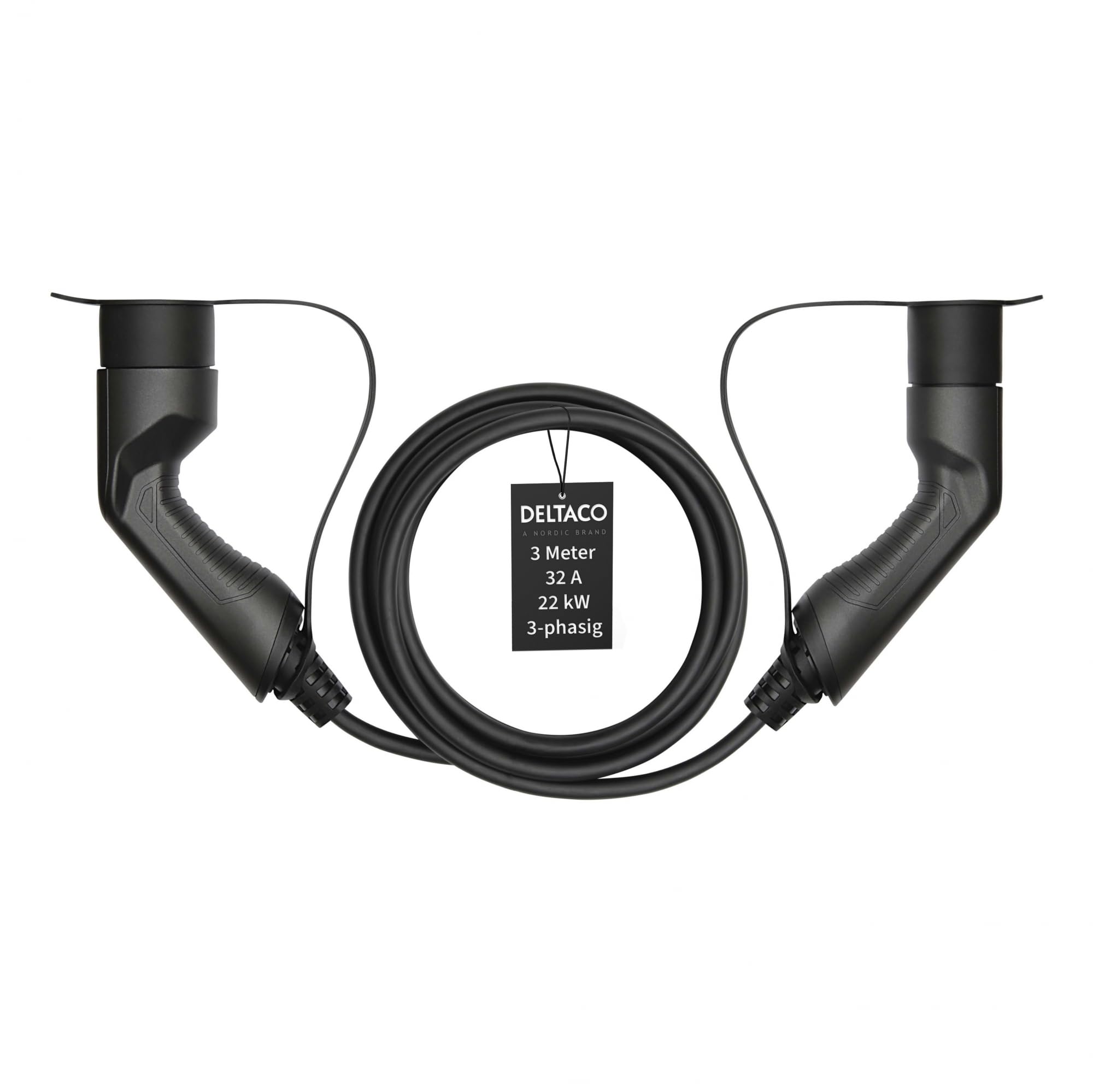 DELTACO Kabel do ładowania EV/samochód elektryczny, typ 2 do typu 2, tryb ładowania 3, trójfazowy, intensywność 32A, moc 22KW, standard IEC 62196-2, czarny, 3 lata - długość 3 m